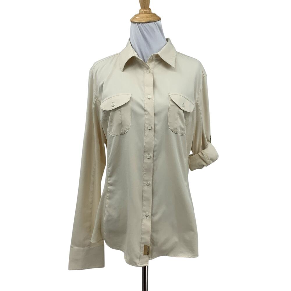 Merrell Shirt Womens L Large Opti Wick Tab Sleeve Buttoned Flap Pockets Collared